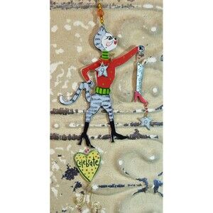 Whimsical Metal Christmas Tree Ornament Cat in High Heeled Boots "Celebrate"